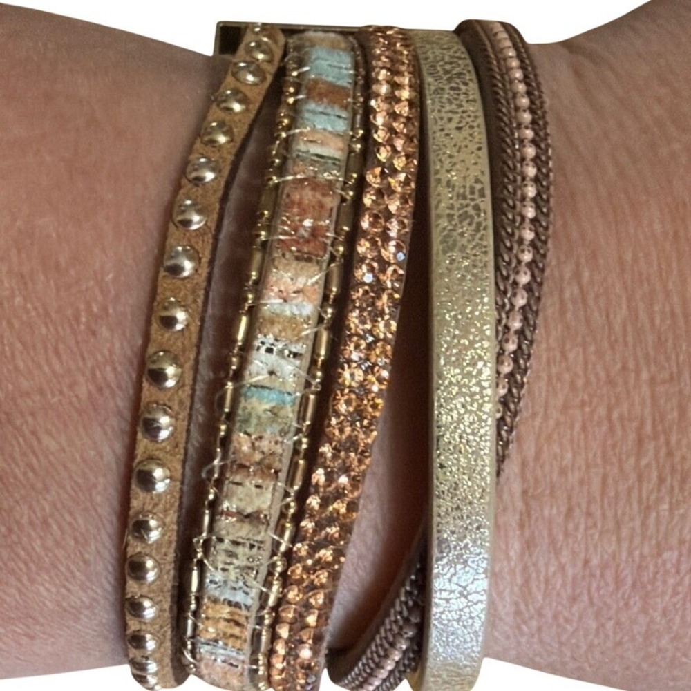 Boho Multi-Strand Magnetic Cuff Bracelet Gold‎ Tone Rhinestone Studded Metallic